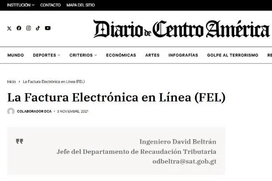 Captura del artículo institucional sobre la factura electrónica nacional, firmado por el Ingeniero David Beltrán, en el diario oficial
